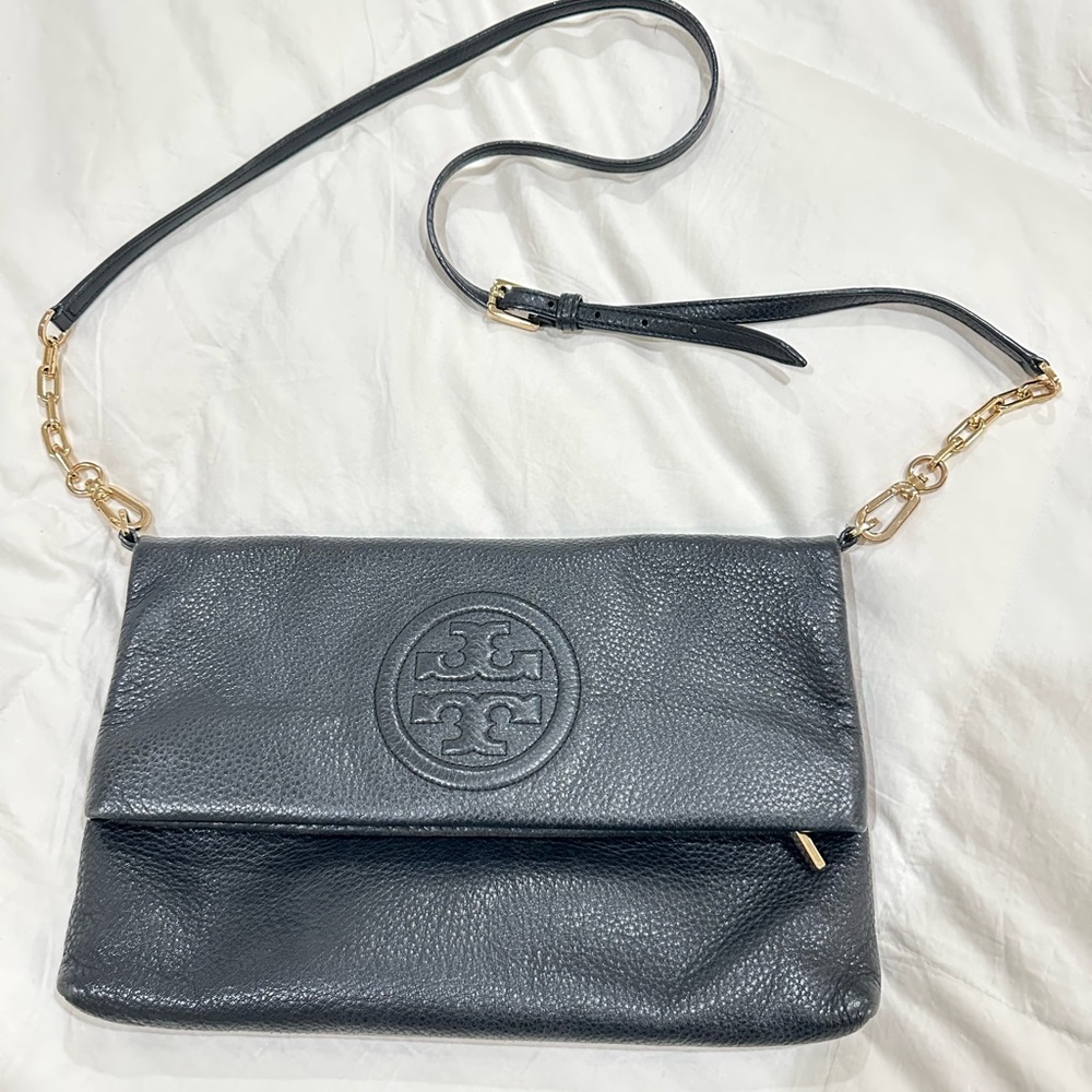Large Tory Burch Bombe Black Crossbody/ Purse Fold Over Flap